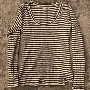 Madewell Brown and White Ribbed Scoop Neck Long Sleeve Top